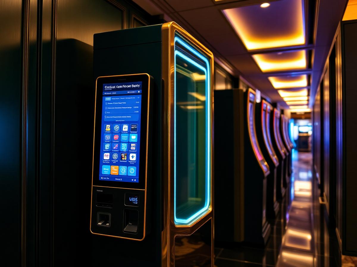 Brass-framed cashless gaming kiosk with a vertical touchscreen in a casino corridor
