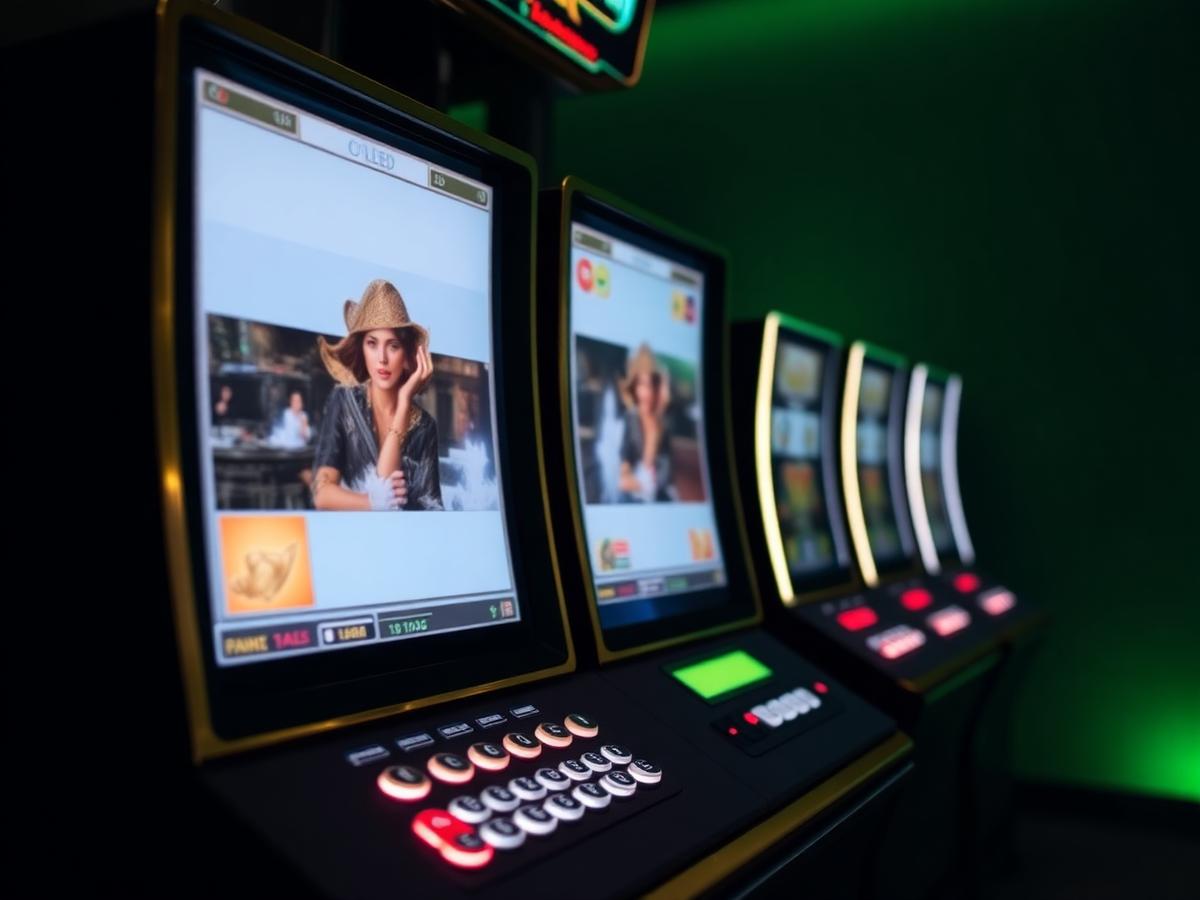 Row of modern slot machine cabinets with curved displays in a dark showroom