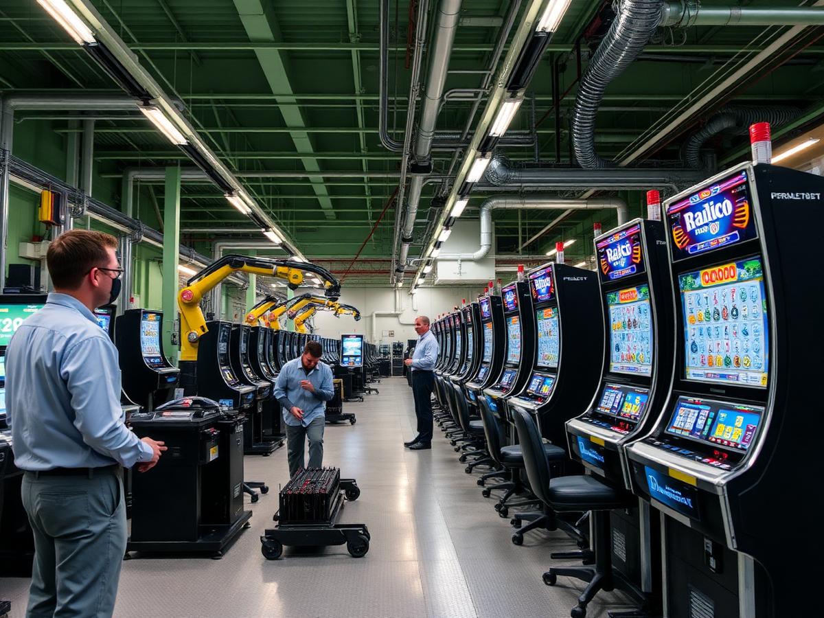 Engineers assembling and calibrating gaming cabinets on a production line