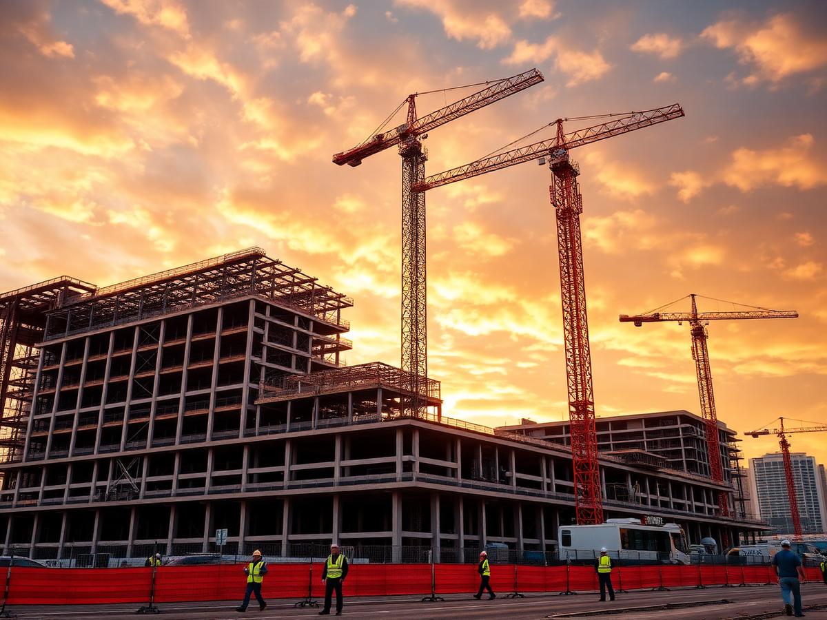 Casino resort construction site with tower cranes at golden hour