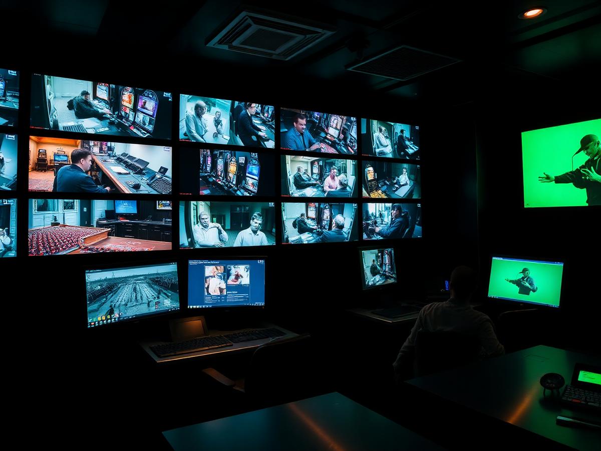 Casino surveillance control room with a wall of gaming floor camera feeds