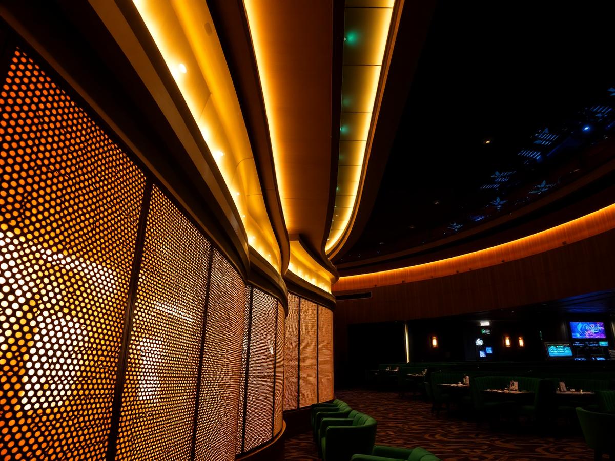 Perforated brass screens and layered cove lighting in a premium casino interior