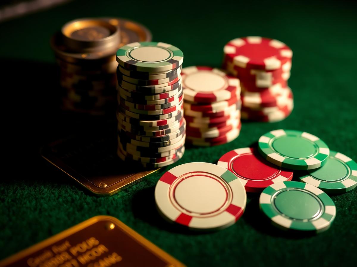 High-denomination plaques and ceramic chip stacks on dark green felt