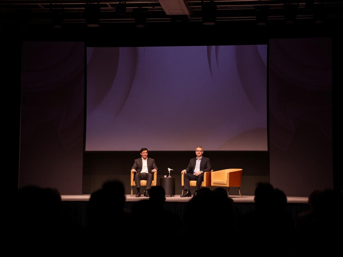 Industry conference panel discussion on a dark stage with a large backdrop screen