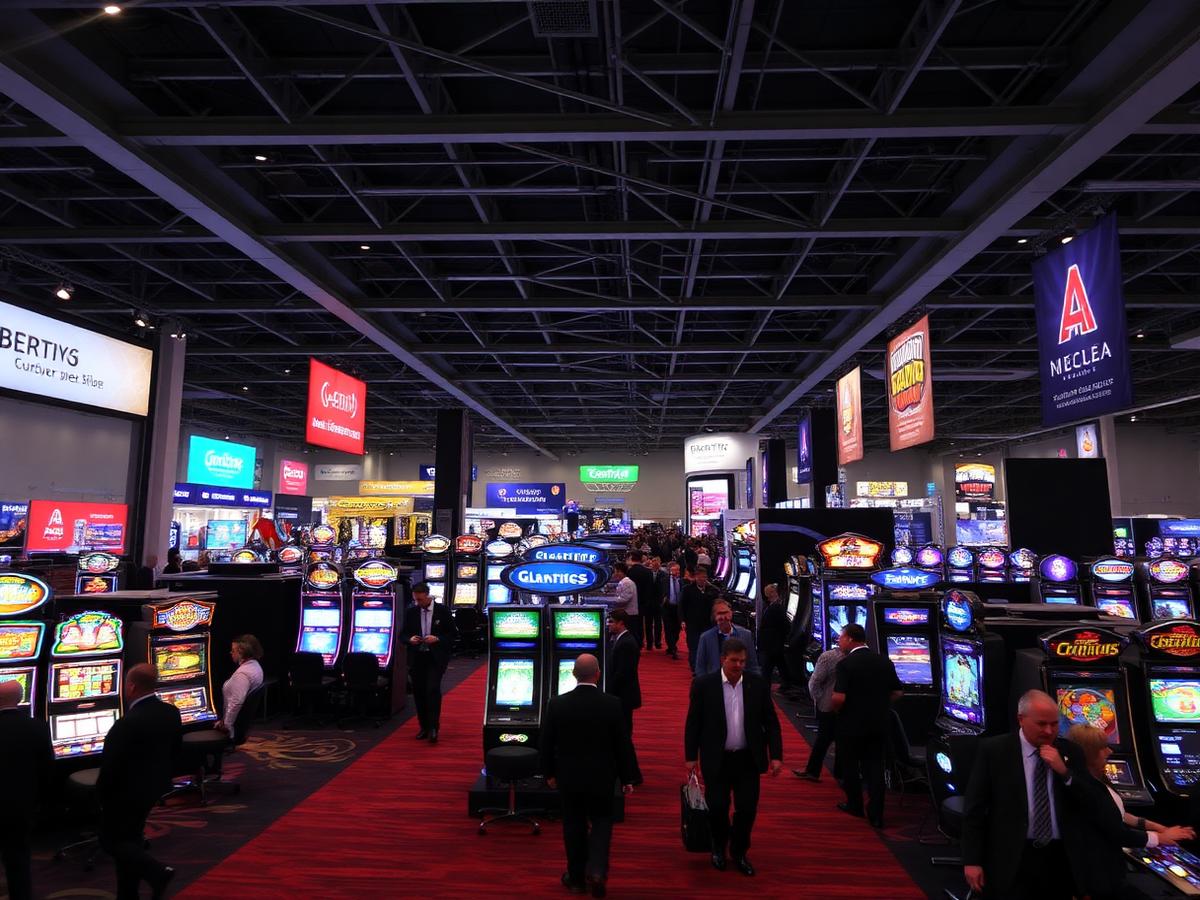 Gaming industry trade show hall with manufacturer booths and illuminated cabinets