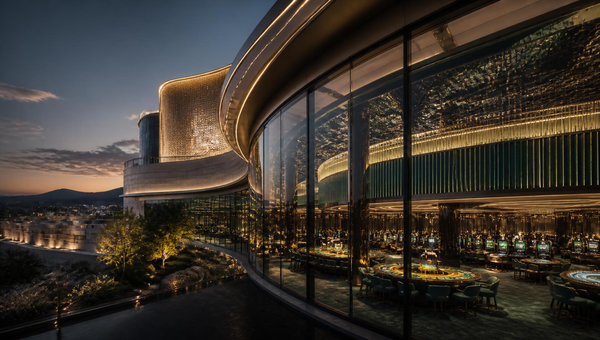 Illuminated casino resort at dusk with a glass atrium revealing the gaming floor