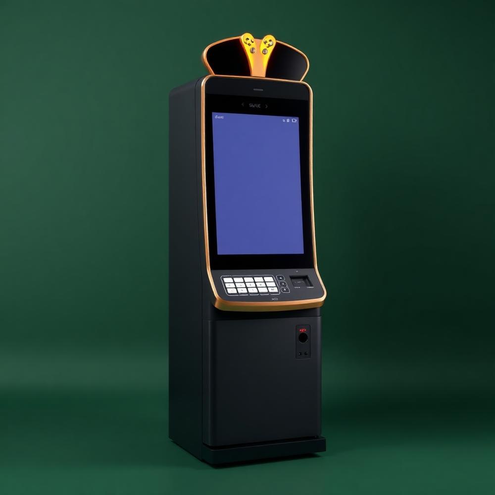 Premium slot cabinet concept with a tall curved portrait display and brass trim