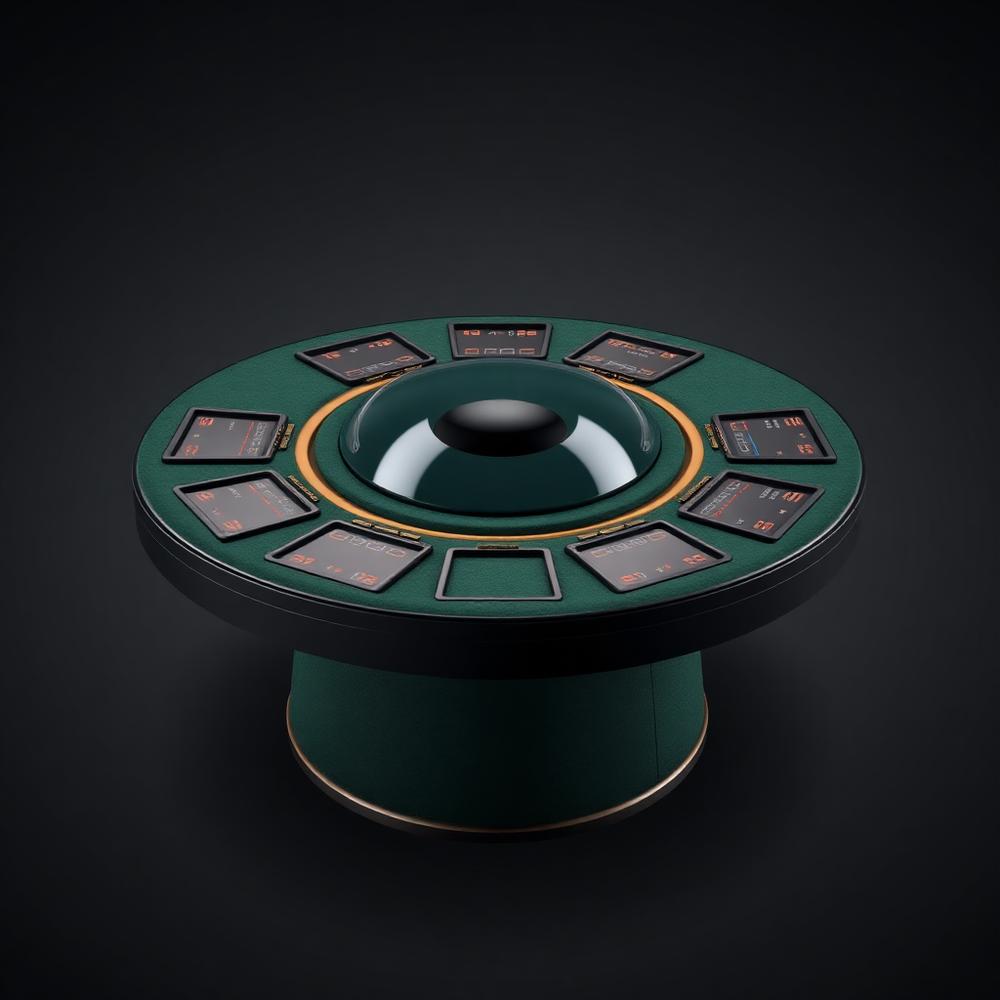 Circular electronic table game with eight touch stations around a central dome