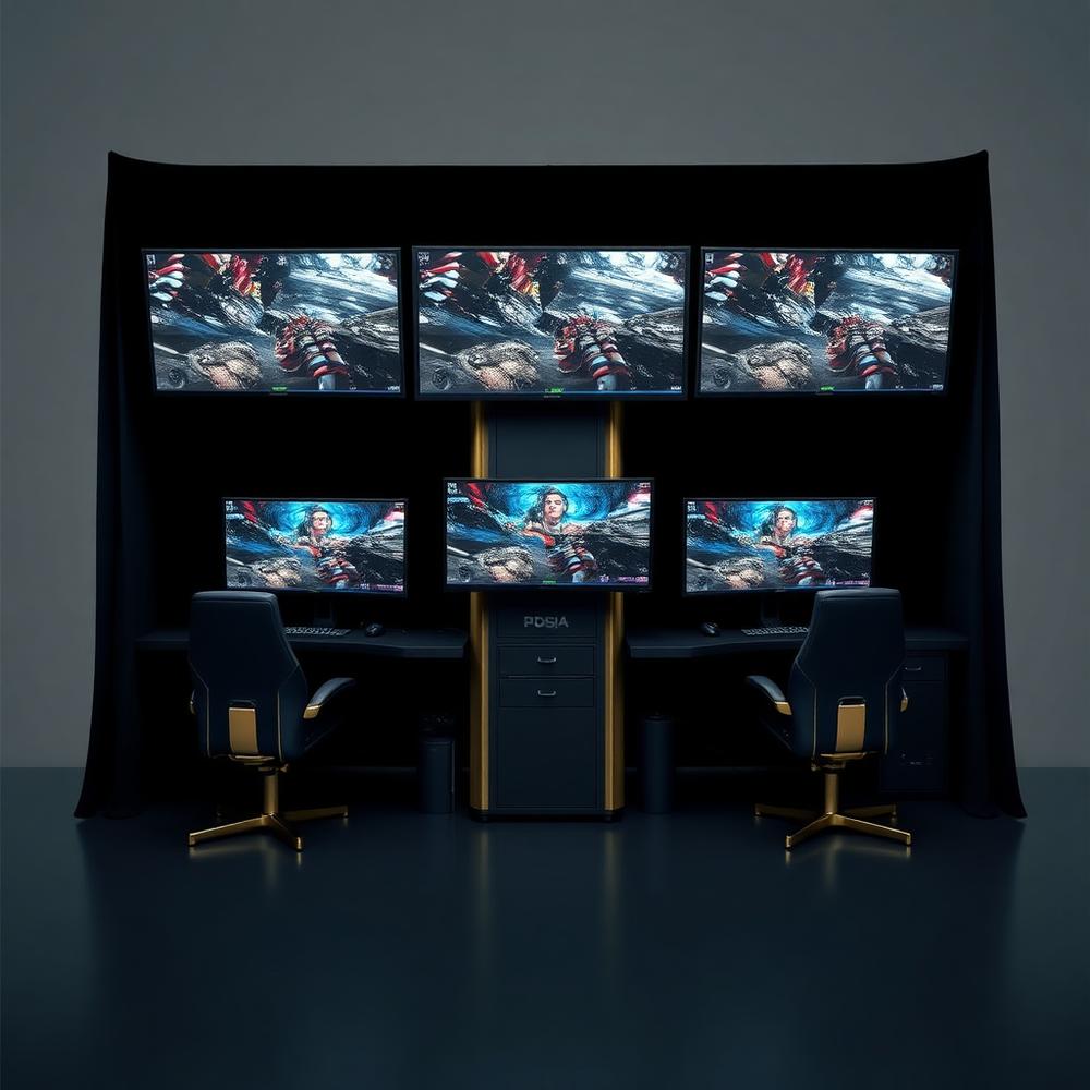 Linked hybrid gaming bank sharing a tall central media spine display