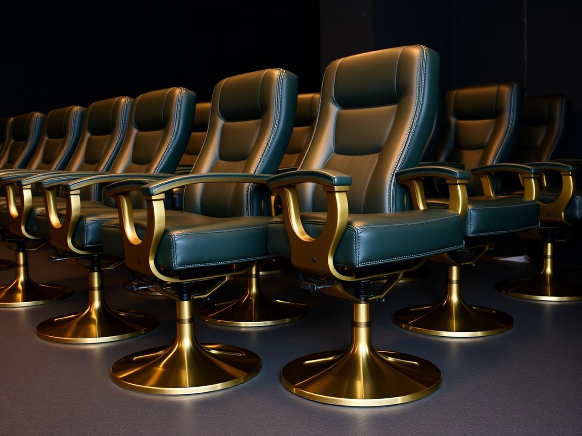 Row of premium casino gaming chairs in green leather on brushed brass bases