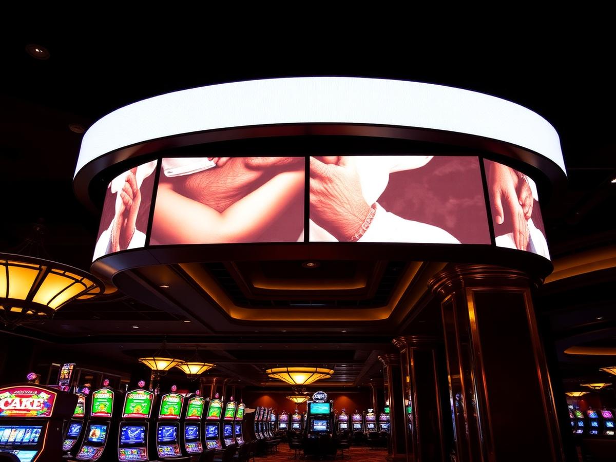 Curved LED banner and brass-framed wayfinding signage above a casino gaming area