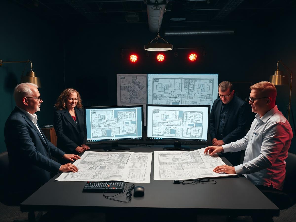 Finteroza editorial team reviewing casino floor plans and architectural drawings